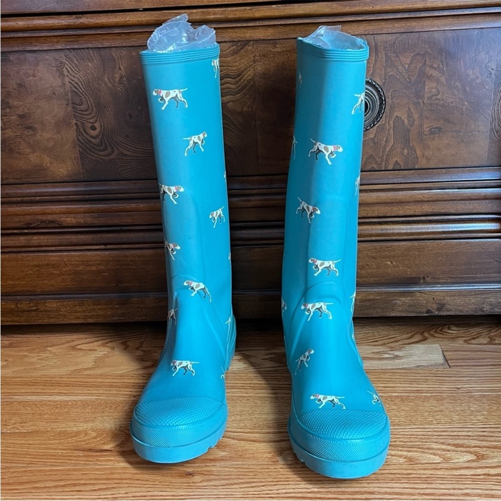 J Crew Hunting Pointer Dog Theme Rain Boots Size 10 Pull On Rubber Welleys - Picture 3 of 13